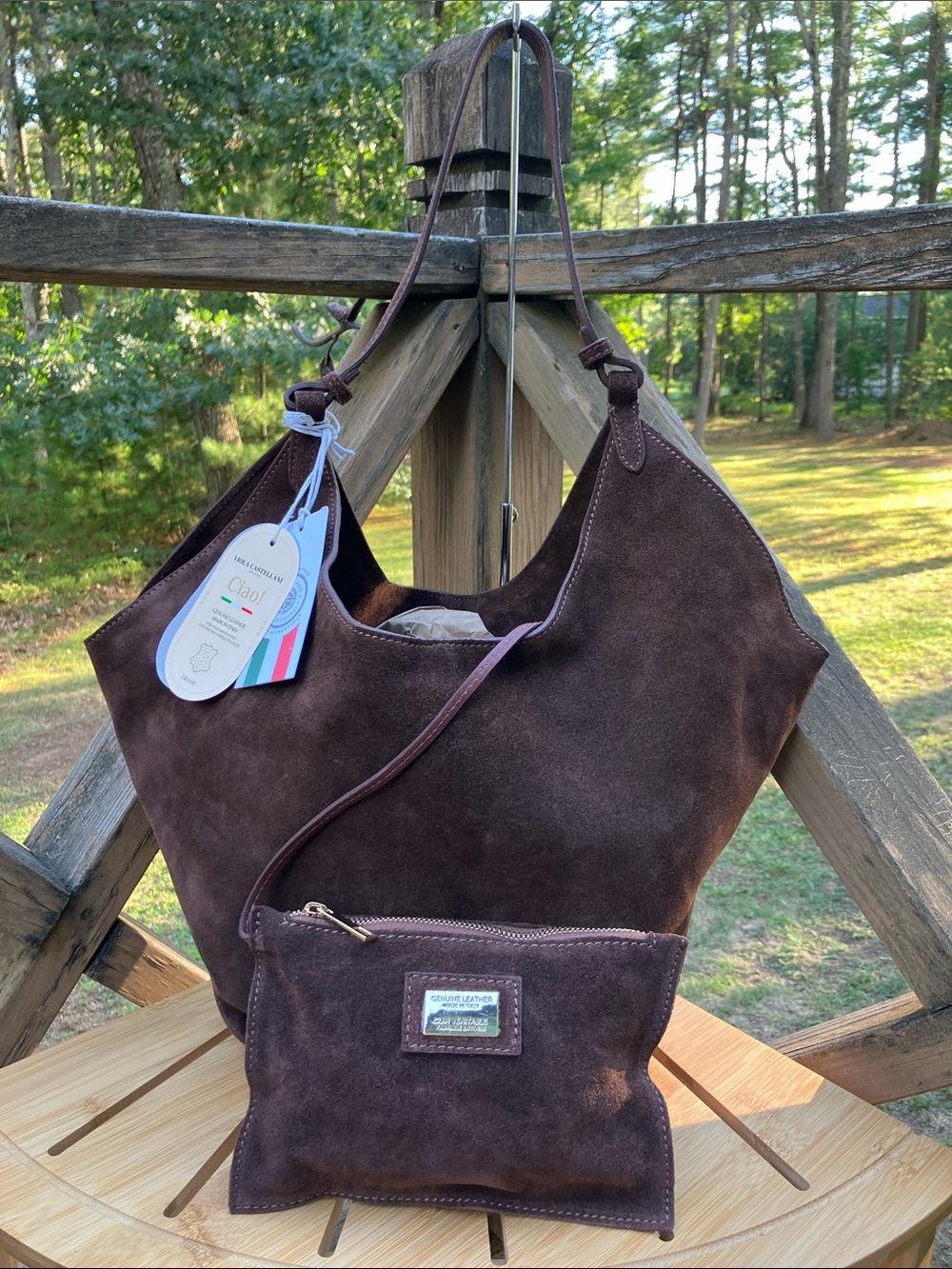 Viola Castellani Brown Suede Hobo Bag Leather Italy NWT - Picture 2 of 16